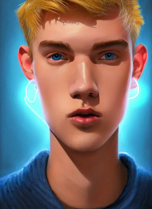 Image similar to portrait of high school senior boy named big moose, blonde short hair, jock, beefy, wide face, square jaw, square facial structure, blue varsity jacket with letter r, intricate, elegant, glowing lights, highly detailed, digital painting, artstation, concept art, sharp focus, illustration, art by wlop, mars ravelo and greg rutkowski