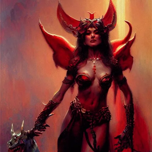 Prompt: attractive demon queen with red eyes, painting by gaston bussiere, craig mullins
