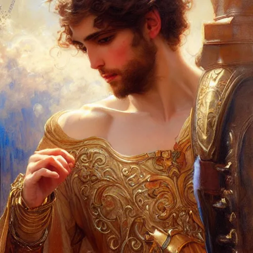 Image similar to attractive fully clothed king confesses his love for his attractive fully clothed male prince. highly detailed painting by gaston bussiere, tom bagshaw, j. c. leyendecker