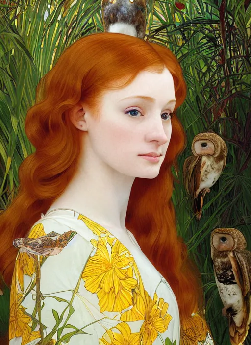 Prompt: portrait photograph of beautiful young redhead female model, symmetric face, symmetric bright eyes, slight smile, natural light, wearing a yellow kimono with a very detailed barn owl on her shoulder!!! in a tropical greenhouse. Masterpiece!! looking at the camera!!. super resolution. Extremely detailed.by alphonse Mucha