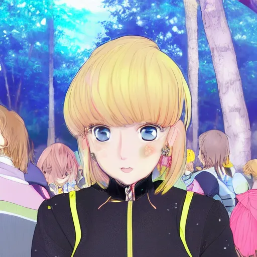 Image similar to blonde - haired princess, anime princess, wearing black jacket and white leggings, looking through crowd, town street, festival street, trees, green trees, blue lighting, blue sunshine, strong lighting, strong shadows, vivid hues, ultra - realistic, sharp details, subsurface scattering, intricate details, hd anime, 2 0 1 9 anime