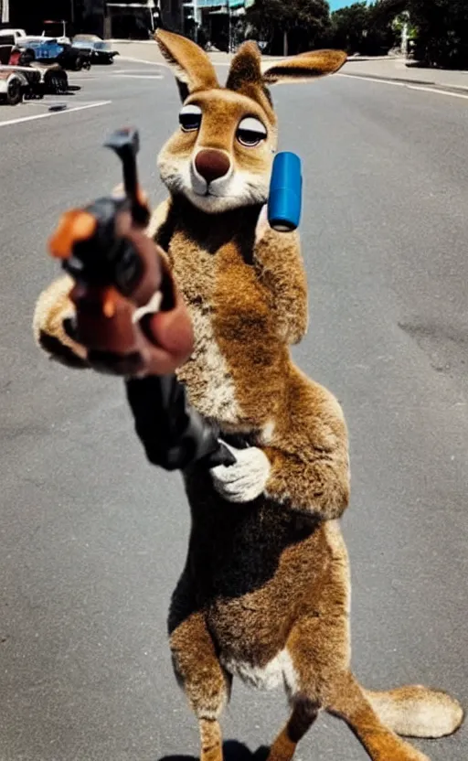 Image similar to “kangaroo in the style of the movie zootopia holding a laser gun and pointing it at the the camera”