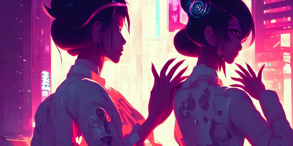 Image similar to digital illustration closeup of cyberpunk geisha in city street at night by makoto shinkai, ilya kuvshinov, lois van baarle, rossdraws, basquiat | afrofuturism, in the style of hearthstone, trending on artstation | cool color scheme