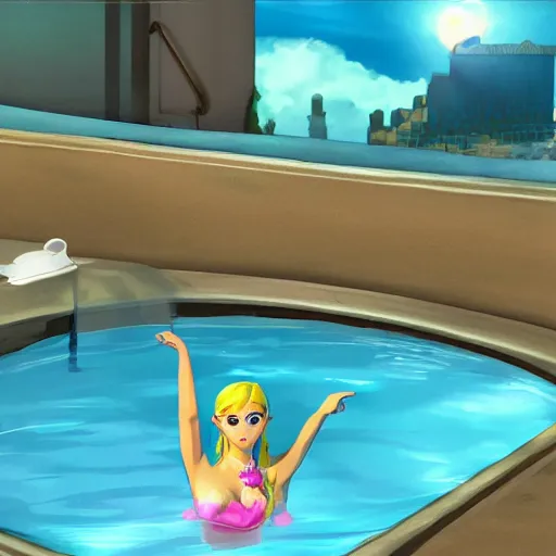 Prompt: zelda in the future city taking a bath in the swimming pool of a hotel