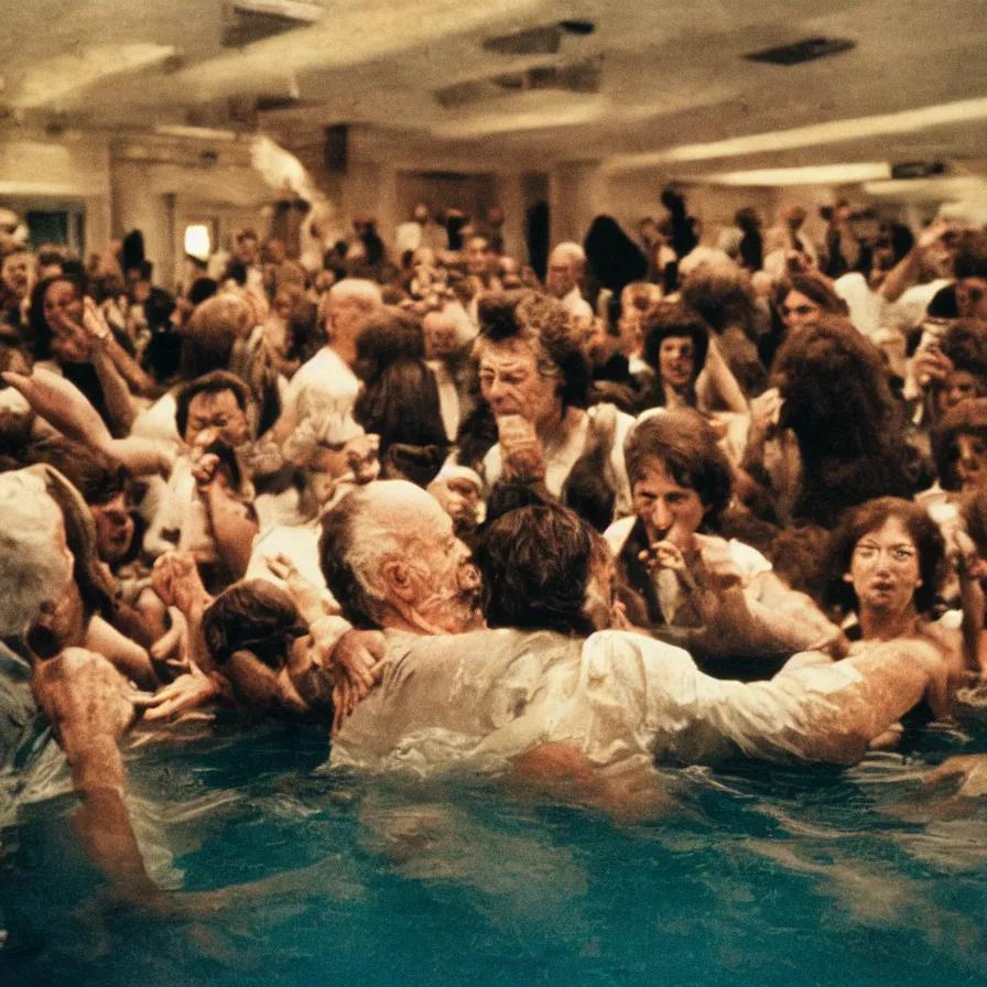 Image similar to 7 0 s movie still of an old man drowning in a soviet ballroom full of hands, cinestill 8 0 0 t 3 5 mm, heavy grain, high quality, high detail