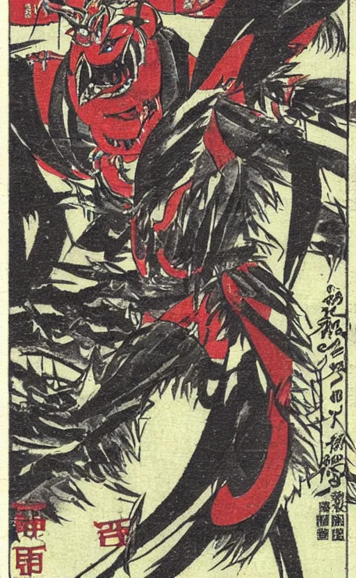 Prompt: by akio watanabe, manga art, a tengu demon walk quickly, abandoned japaense village, trading card front