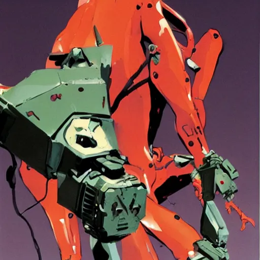 Image similar to Detailed, instruct, Evangelion Unit 01 by Ashley Wood, Jamie Hewlett, Bill Sienkiewicz, character design, concept art