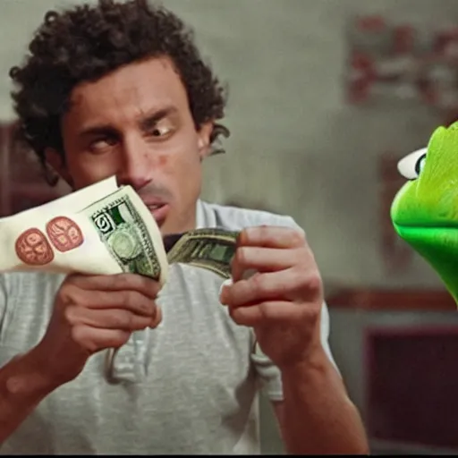 Image similar to pepe eating money, realistic, frame from the movie