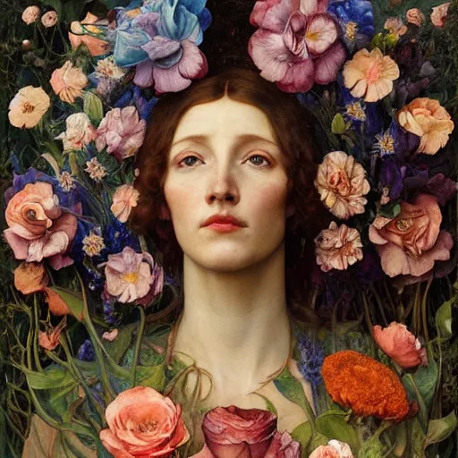 Prompt: queen of flowers, by annie swynnerton and charlie bowater and tino rodriguez and nicholas roerich and jean delville and evelyn de morgan and lucien freud, dramatic lighting, floral tattoos, rich colors, smooth sharp focus, extremely detailed, donato giancola, adolf wolfli