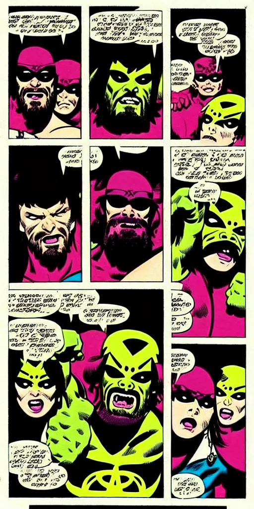Prompt: “ ( ( ( ( ( macho man randy savage, roller skating ) ) ) ) ) comic book art by mike mignola and jack kirby!!!!!!!!!!!!!!!!!!!!! ”