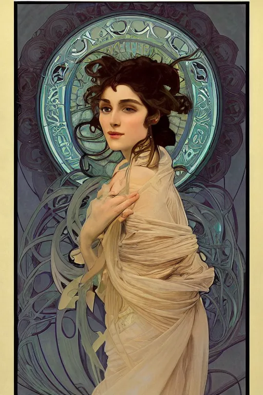 Image similar to an esoteric woman, blending into dust with a beautiful face!!! cinematic lightning, isolated, studio lighting by alphonse mucha and tom bagshaw