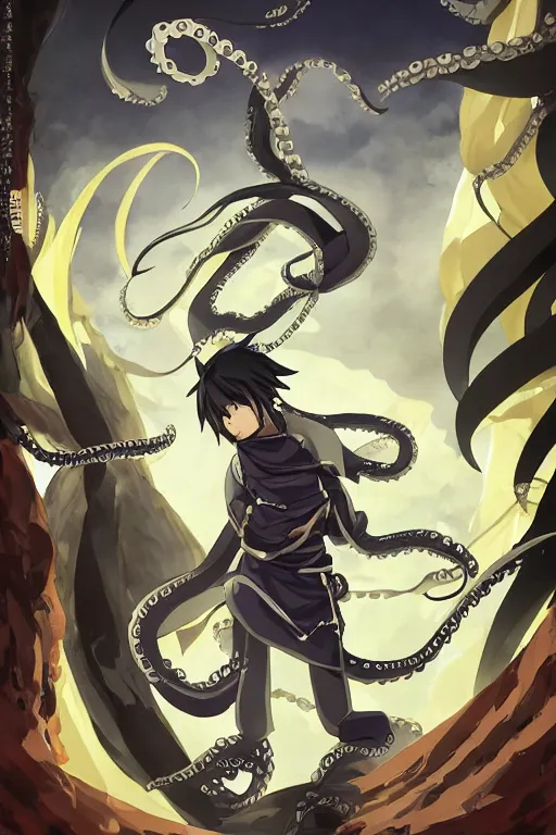 Image similar to key anime visuals of an octopus ninja, dressed as a ninja and fighting with a katana. highly detailed, intricate, directed by makoto shinkai, anime manga style, trending on art station.