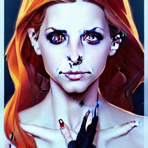 Image similar to artgerm, joshua middleton comic cover art, pretty sarah michelle gellar superhero, asymmetrical big black oval spot covering left eye from eyebrow to cheek, left eye spot only, very pale white skin, no spot right eye, white around right eye