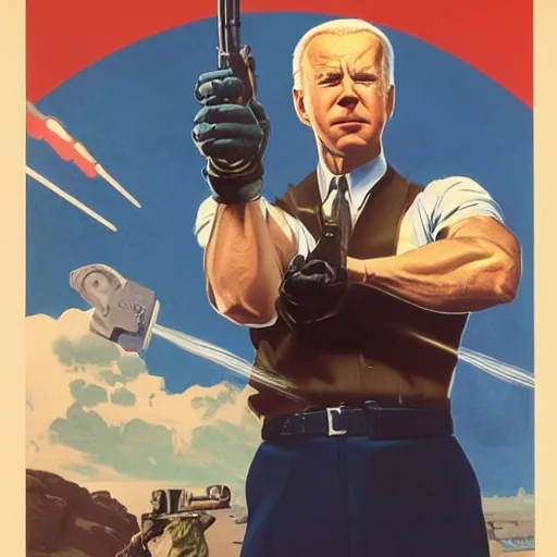 Image similar to propaganda poster of joe biden pointing gun directly at camera in james bond movie, closeup of gun, visible barrel and grip by j. c. leyendecker, bosch, lisa frank, jon mcnaughton, and beksinski