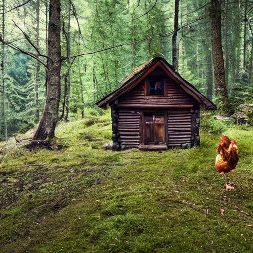 Prompt: baba yaga’s house with chicken legs, running through the Black Forest, 8K, 20mm photo, Leica lens