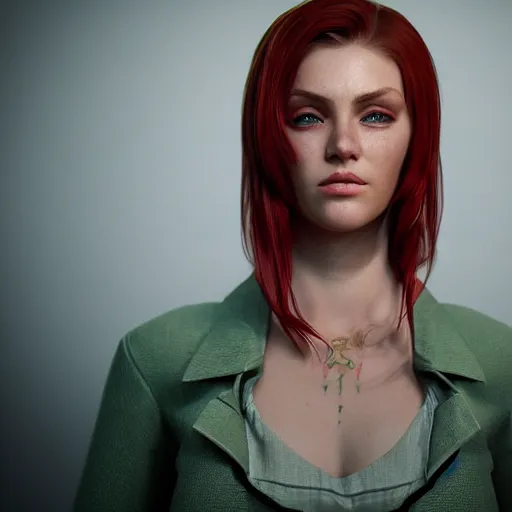 Image similar to beautiful girl her name was helga. she had red hair and green eyes and wanted to become a journalist when she grew up, beautiful portrait, symmetrical, character concept style trending on artstation concept art detailed octane render cinematic photo - realistic 8 k high detailed