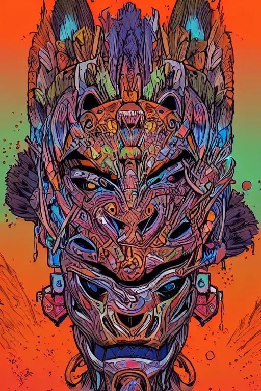 Image similar to totem animal mask tribal feather gemstone plant wood rock shaman vodoo video game vector illustration vivid multicolor borderlands comics by josan gonzales and dan mumford radiating a glowing aura