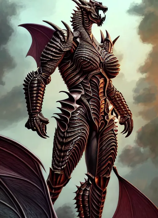 Image similar to muscular and tall humanoid dragon!!!! draconian!! intricate ornate iridescent heavy armor!! character concept art, sharp focus, octane render! unreal engine 5! highly rendered!! trending on artstation!! detailed linework!! illustration by artgerm, wlop, and chie yoshii