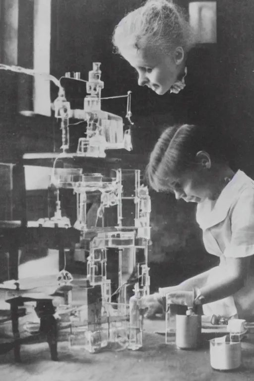 Image similar to marie curie in her lab playing with radioactive matter, children drawing