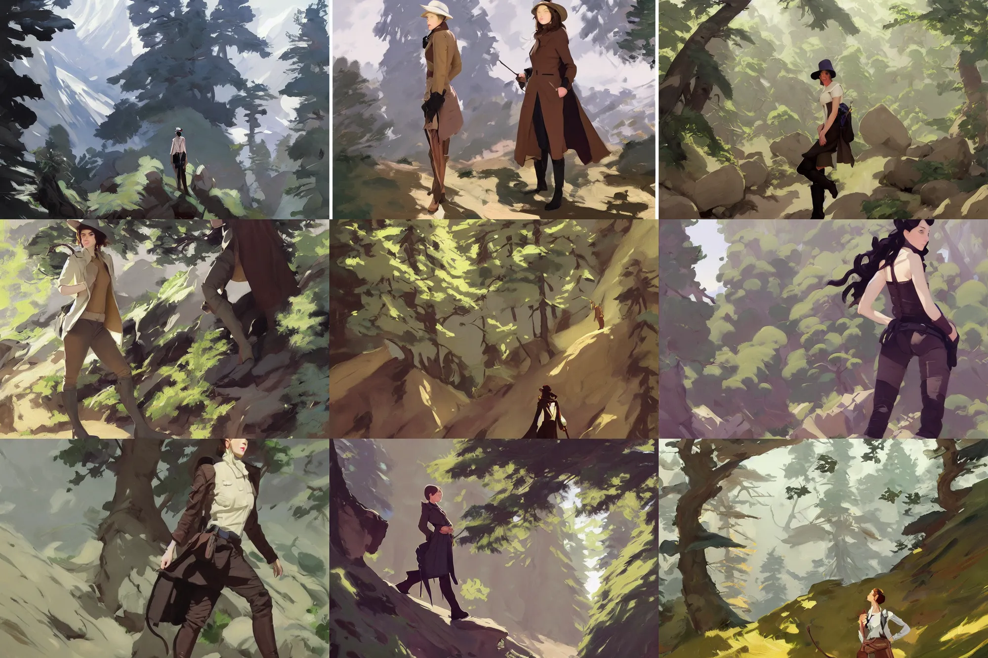 Image similar to cloth fabric jodhpurs knee high boots travel coat fashion, solo hiking in mountains trees, greg manchess painting by sargent and leyendecker, studio ghibli, fantasy, asymmetrical, intricate, elegant, matte painting, illustration, hearthstone, by greg rutkowski, by greg tocchini, by james gilleard, by joe fenton