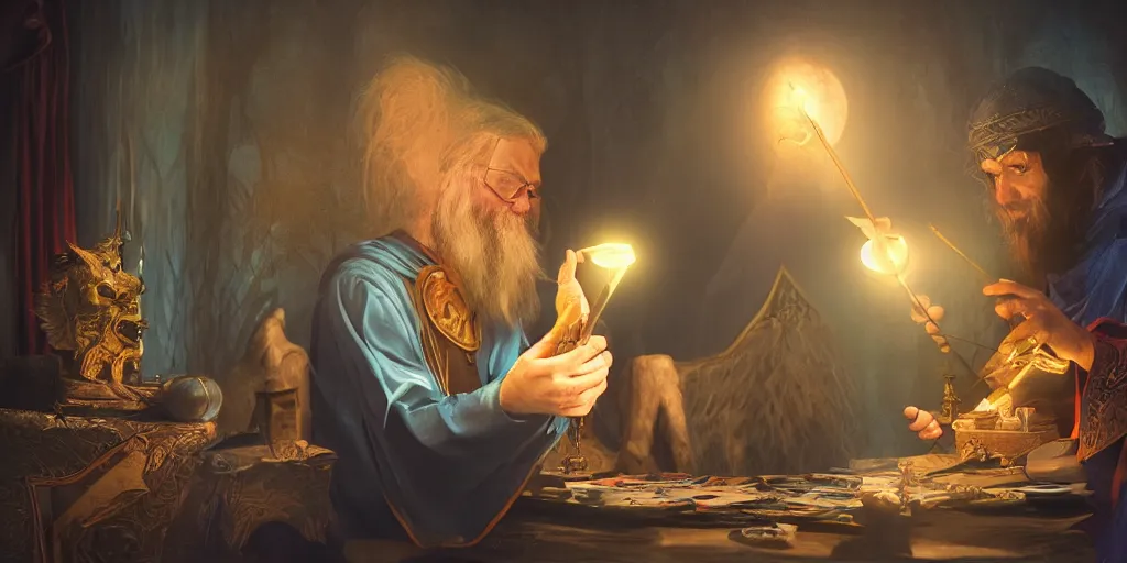 Image similar to wizard performing a tarot reading, cards, fantasy, digital art, soft lighting, concept art, 8 k