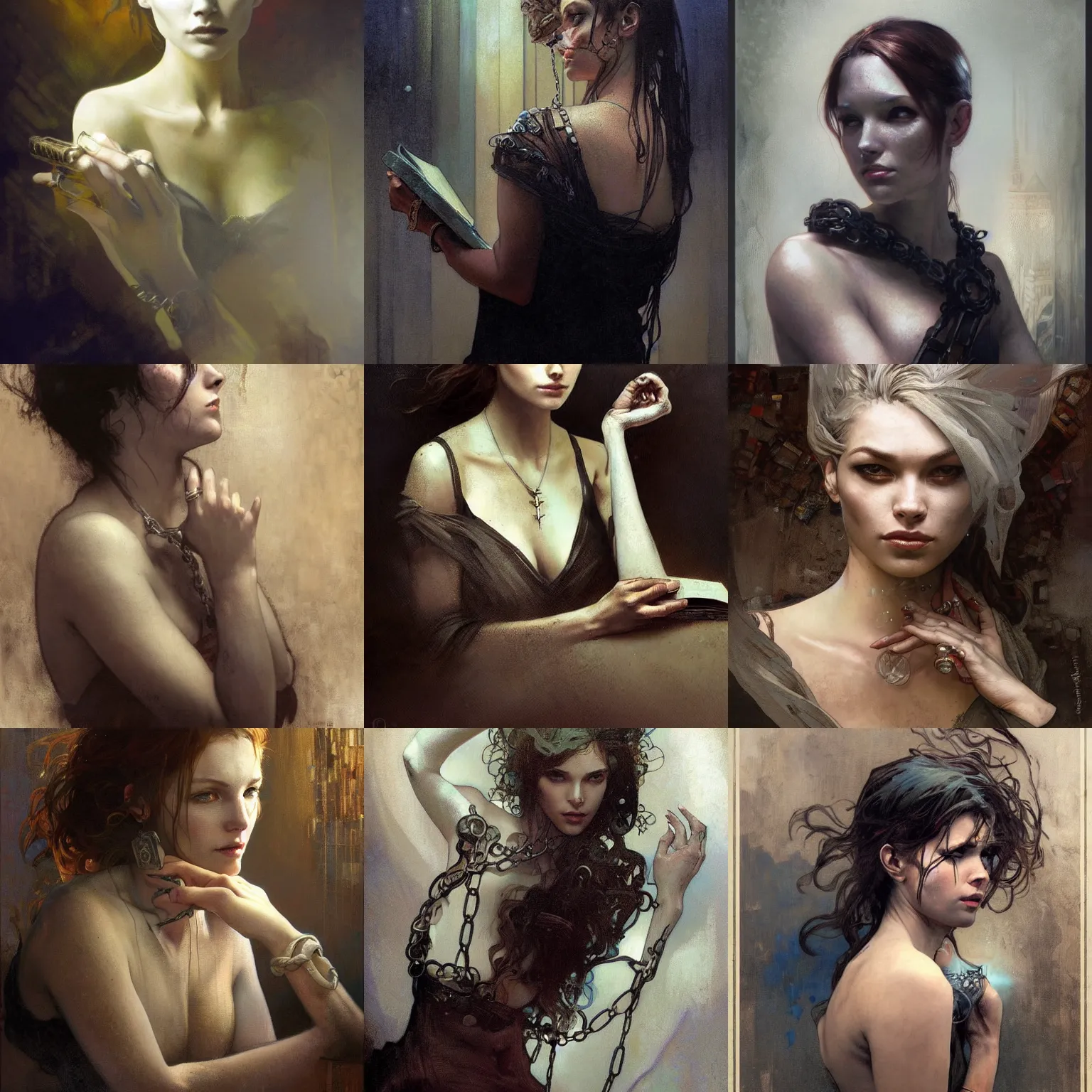 Prompt: beautiful portrait of destiny from sandman, old book chained to the wrist, by cedric peyravernay, alphonse mucha, by jeremy mann, by lecouffe deharme, closef habit, mysterious atmosphere, high detailed, 8 k