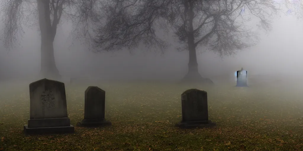 Prompt: creepy weeping transparent female ghostly apparition at a gravestone, horror, Highgate cemetery, tombs, , blanket of fog, rain, volumetric lighting, beautiful, golden hour, sharp focus, ultra detailed, cgsociety