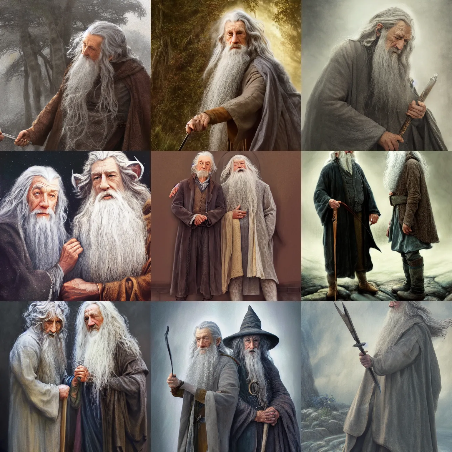 Prompt: detailed full body concept art illustration soft focus oil painting on canvas of Gandalf the Grey Wizard with his arm around Bilbo Baggins in full intricate clothing, micro detail, octane render, 4K, by Alan Lee