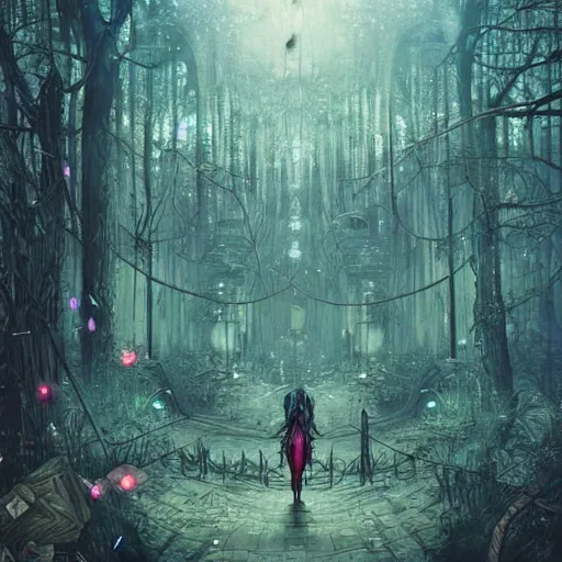 Image similar to A fairy tale forest in the style of cyberpunk in the style of dark fantasy art Trending on artstation DeviantArt Pinterest detailed realistic HD 8k High Resolution