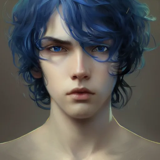 Prompt: young boy, blue hair, one eye bandadged gorgeous, amazing, elegant, intricate, highly detailed, digital painting, artstation, concept art, sharp focus, illustration, art by artgerm and greg rutkowski and alphonse mucha