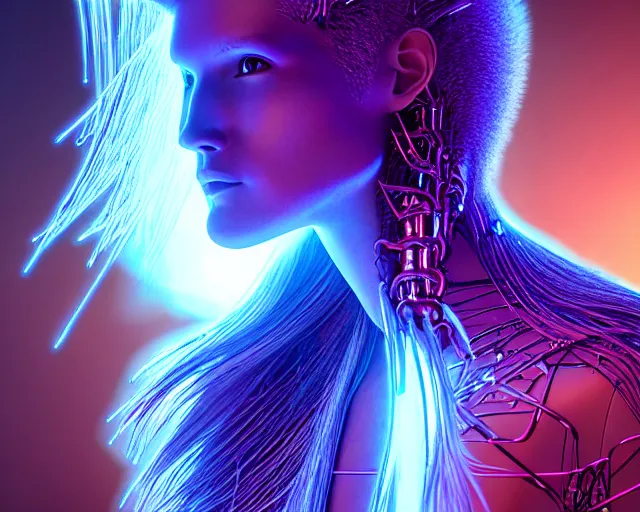 Image similar to glowing hair, complex cybernetic beings, beautiful hairy humanoids, cybermagnetosphere, cybernetic civilizations, ornate hair, love, joy, vortexes, large arrays, data holograms, 8 k, cinematic light shadows, wet hdr refractions, *, * * *, * * * * *