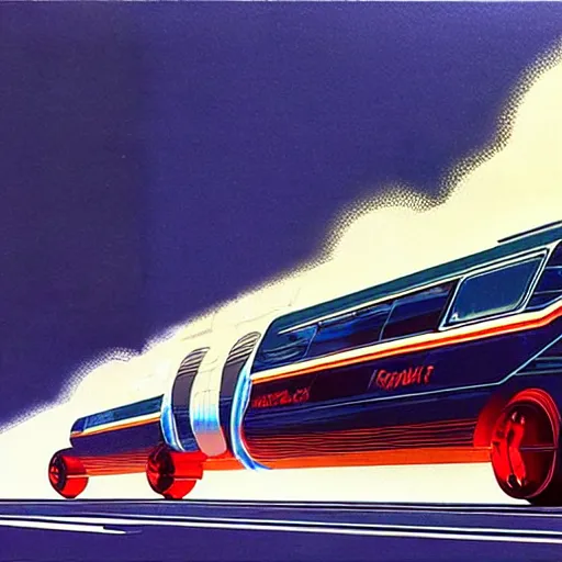 Prompt: concept art for rocket powered bus, painted by syd mead, high quality