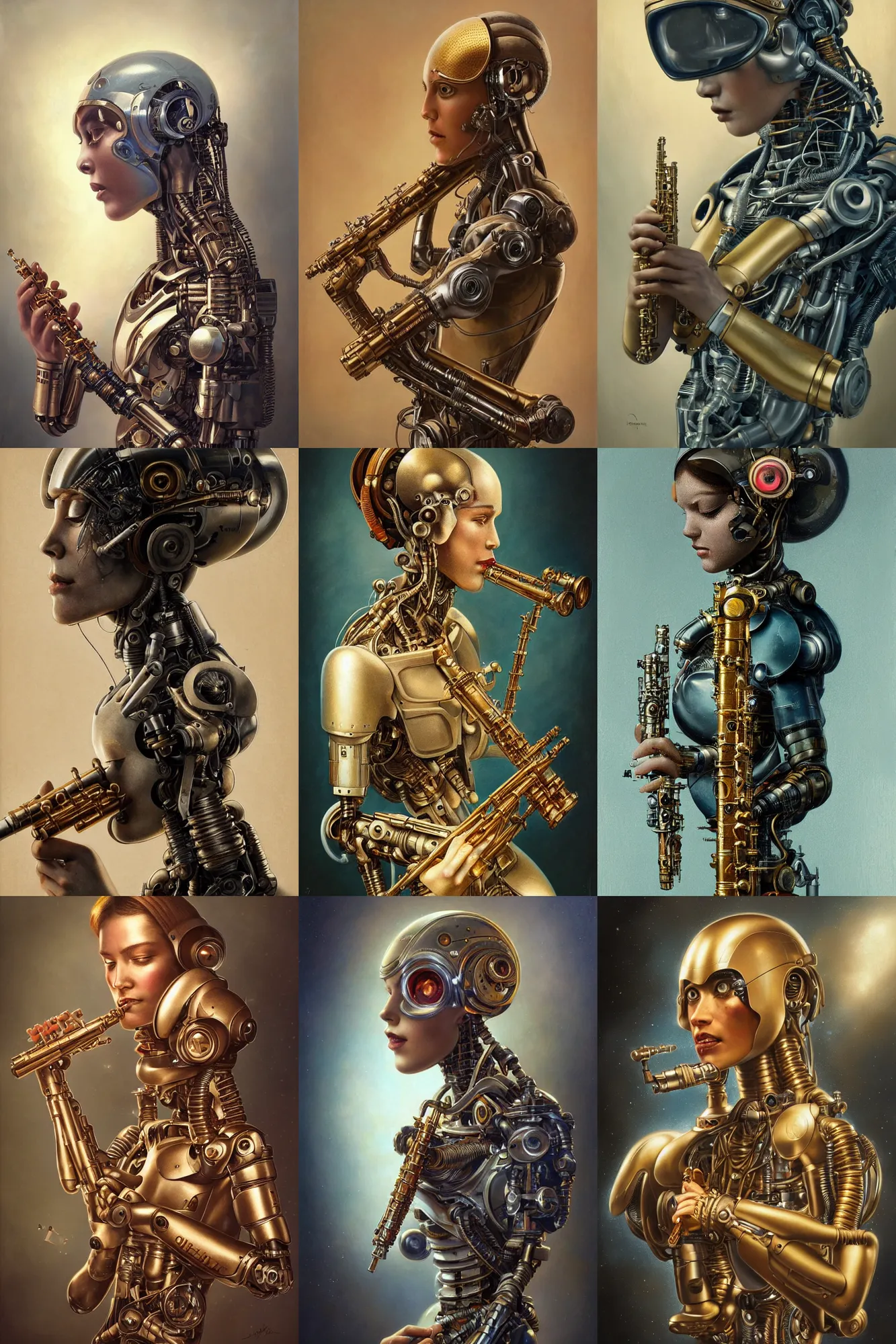 Prompt: a beautiful ultradetailed vintage photo of cyborg playing an oboe, by tom bagshaw and anna dittman, portrait, vignette, 3 5 mm lens, golden ratio composition, detailed face, studio photography, very detailed, humanoid, industrial robot, artstation, 8 k, highly coherent