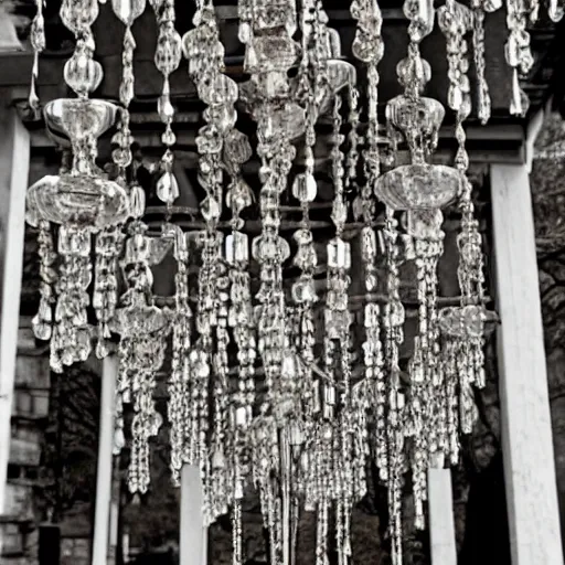 Prompt: chandeliers falling in graveyard rows, haunting