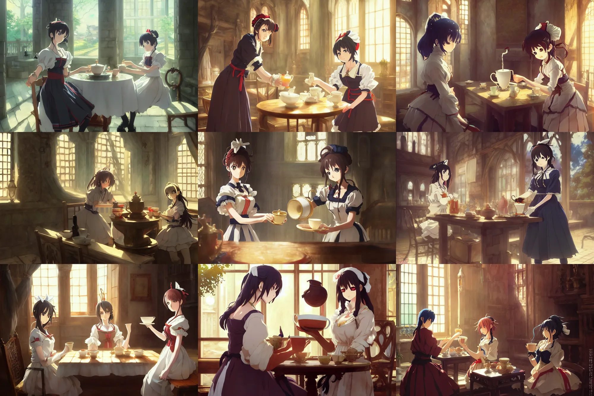 Prompt: anime key visual concept art of anime maid pouring tea gracefully, medieval european style noble manor interior, trending on artstation, brush strokes, oil on canvas, style of kawacy and makoto shinkai and greg rutkowski and studio ghibli