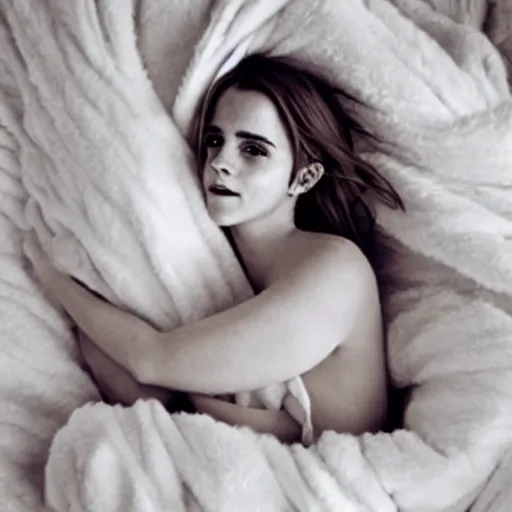 Prompt: emma watson waiting for you in bed at night while smiling shyly, messy hair bedhead, very sleepy and shy, bare shoulders, comforting, covered in big fluffy white blanket, dim cool lighting
