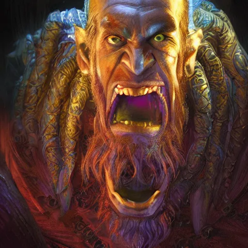 Image similar to bright, colorful, realistic, detailed from Elder Scrolls: Shivering isles concept art of The Mad God Sheogorath with a madsmile backlighting, kodachrome, high contrast, highly detailed, sharp focus, digital painting, concept art, illustration, trending on artstation, comic book by Alex Ross and Adam Adamowicz cover art