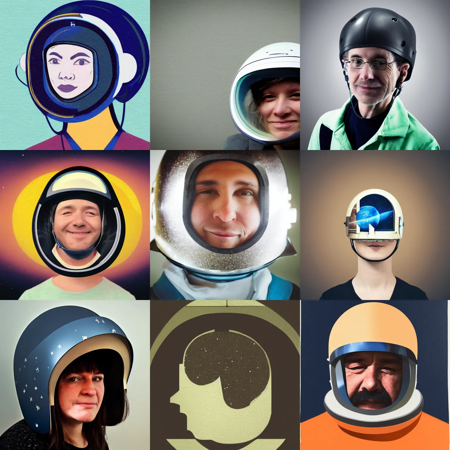 Prompt: portrait of person wearing planetshaped helmet