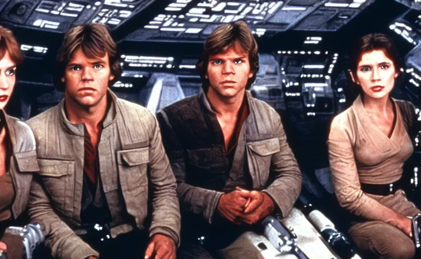 Prompt: screenshot of Luke Skywalker, Han Solo and Princess Leia in the cockpit of the millenium falcon, facing forward, iconic scene from the late 1980s lost Star Wars film directed by Stanley Kubrick, color kodak stock, two shot, ektochrome, anamorphic lenses, detailed faces, crisp, sharp, beautiful cinematography