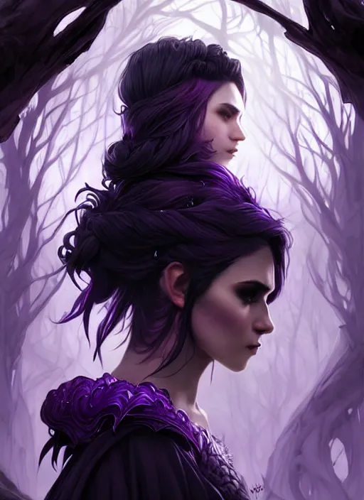 Image similar to side portrait dark witch, adventurer outfit large cloak, fantasy forest landscape, dragon scales, fantasy magic, undercut hairstyle, short purple black fade hair, dark light night, intricate, elegant, sharp focus, illustration, highly detailed, digital painting, concept art, matte, art by WLOP and Artgerm and Greg Rutkowski and Alphonse Mucha, masterpiece