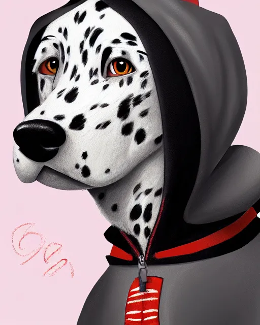 Image similar to digital painting full body of anthropomorphic furry female dalmatian dog, in style of zootopia, female fursona, furry, furaffinity, 4 k, deviantart, furry art, fursona art, wearing a black hoodie, dog fursona, female, cute detailed feminine face,