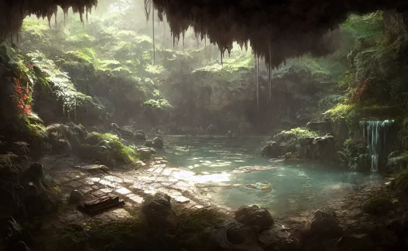 Image similar to painting of an interior of a hidden japanese hotspring in a small cave, fantasy, lush plants and flowers, natural light, concept art, by greg rutkowski, cozy atmospheric and cinematic lighting, trending on artstation