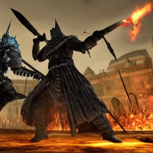 Prompt: 2 lords from dark souls having a battle