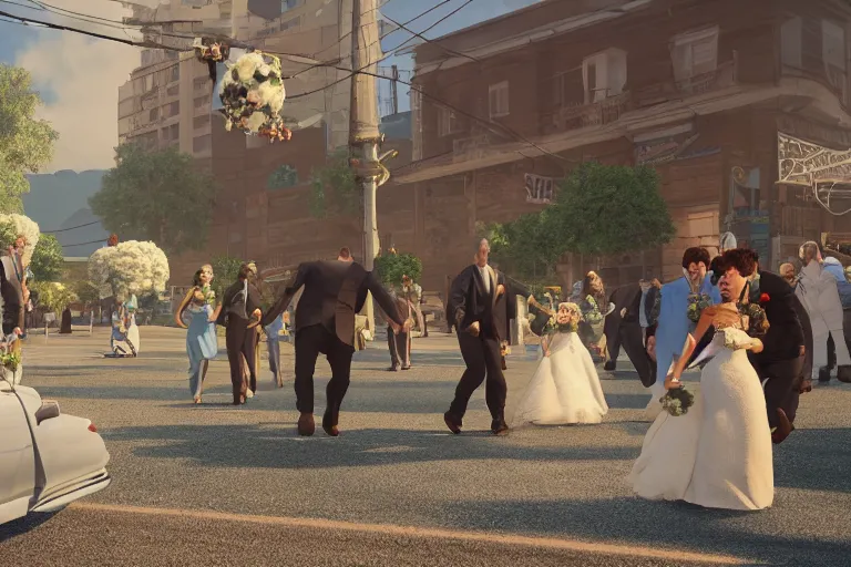 Image similar to a still from My Big Fat Greek wedding, wedding, wedding, with Fox McCloud and godzilla, octane render, nvidia raytracing demo, masterpiece