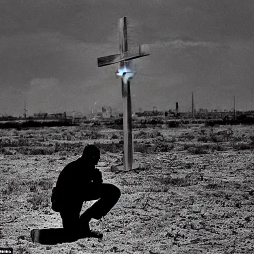 Image similar to a lone man is kneeling before a wooden cross in a barren wasteland as the plume from the explosion of a nuclear bomb is seen in the distance