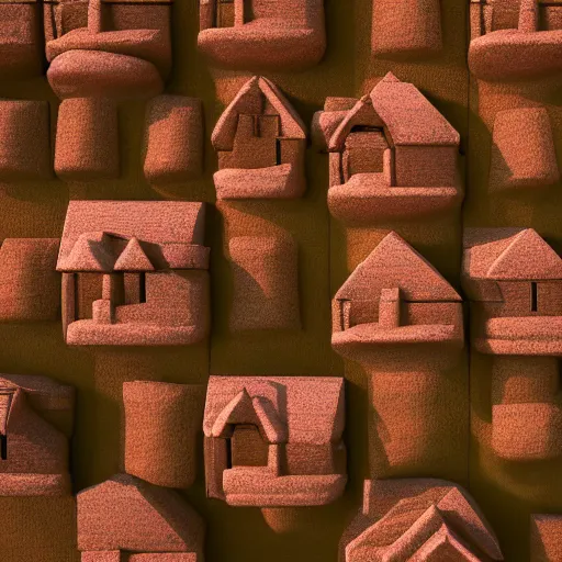 Prompt: houses made of clay, vaponpunk, sunset, 8k, soft light, ray tracing, wet ground