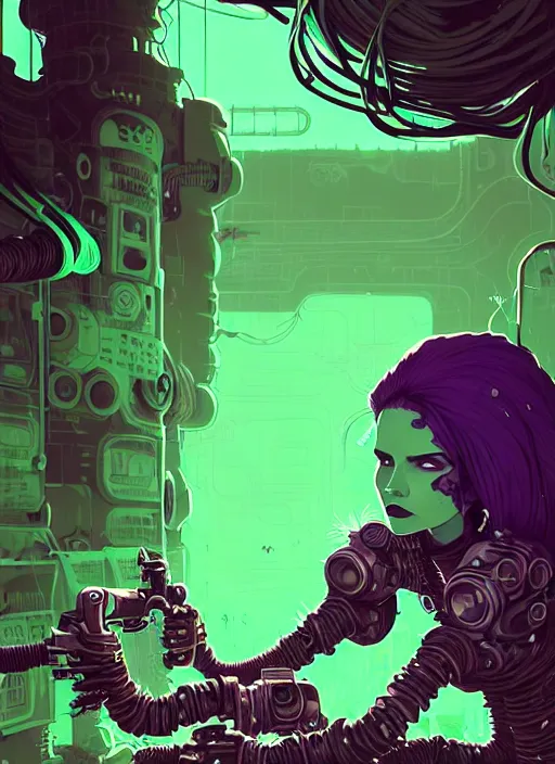 Image similar to highly detailed portrait of an angry wasteland punk long dripping green poison hair tribal android lady, stray wiring by atey ghailan, james gilleard, by joe fenton, by greg rutkowski, by greg tocchini, by kaethe butcher, 4 k resolution, gradient purple, brown black and white color scheme!!! ( ( green flaming robotic sewer background ) )