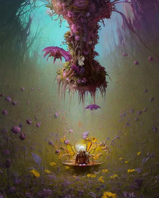 Prompt: the platonic ideal of flowers, rotting, insects and praying of cletus kasady carnage davinci dementor chtulu mandelbulb ponyo alice in wonderland dinotopia watership down, fantasy, ego death, decay, dmt, psilocybin, concept art by greg rutkowski and simon stalenhag and alphonse mucha