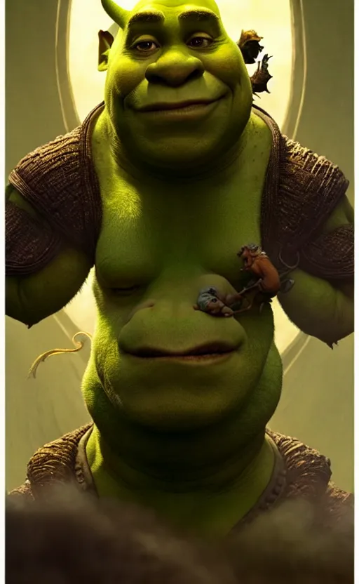 Image similar to shrek dragon gorgeous lighting by weta studio, mucha, bautista and norman rockwell and greg rutkowski and tom bagshaw and james gurney and lucasfilm