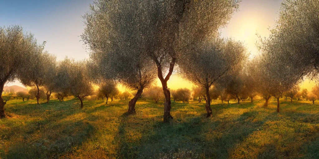 Image similar to flourishing blooming garden full of olive trees in italy, painting, matte painting, canvas, 4 k, 8 k, high detail, golden hour, sunset, epic light, shadows, contrast,